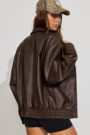 Oversized Faux Leather Stand Collar Bomber